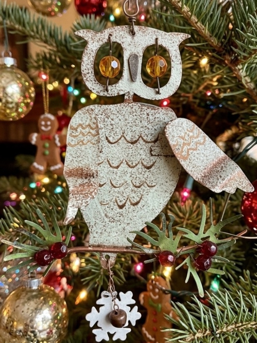 Vintage-Inspired Cream Owl Holiday Ornament with Amber Eyes set of 2 NW
